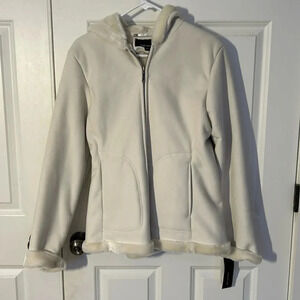 Jones New York suede jacket size small cream zip up winter faux fur hood